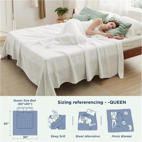 Cooling Cotton Waffle Queen Size Blanket - Lightweight Breathable Summer Blanket - Picture 4 of 7